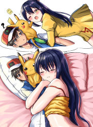 Rule 34 | 1boy, 1girl, ?, agent aika, aika (series), ash ketchum, baseball cap, bed, black hair, blue hair, blue vest, blush, brown eyes, camisole, closed eyes, commentary request, creatures (company), crossover, dakimakura (object), delmogeny uniform, dreaming, dress, game freak, gen 1 pokemon, golden delmo, half updo, hat, hug, juliet sleeves, l96 (chinhauming), long hair, long sleeves, nintendo, no, hugging object, on bed, on shoulder, one eye closed, ootani ikue, open mouth, pants, pikachu, pillow, pink ribbon, pokemon, pokemon (anime), pokemon (creature), pokemon journeys, pokemon on shoulder, puffy sleeves, red headwear, ribbon, rie petoriyacowa, shirt, sleeping, speech bubble, spiked hair, strap slip, stuffed toy, sweat, uniform, vest, voice actor connection, white shirt, yellow camisole, yellow dress