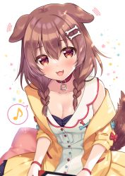 Rule 34 | 1girl, :3, :d, animal ears, bad id, bad pixiv id, blush, bone hair ornament, braid, breasts, brown hair, choker, cleavage, collarbone, commentary request, cowboy shot, dog ears, dog girl, dog tail, dress, ear wiggle, fangs, glint, hair between eyes, hair ornament, hair over shoulder, hololive, inugami korone, inugami korone (1st costume), jacket, long hair, looking at viewer, medium breasts, musical note, nintendo switch, off shoulder, open mouth, red choker, red eyes, side braids, simple background, sleeveless, sleeveless dress, smile, solo, sparkle, spoken musical note, sumisaki yuzuna, tail, twin braids, twintails, virtual youtuber, white background, white dress, wristband, yellow jacket