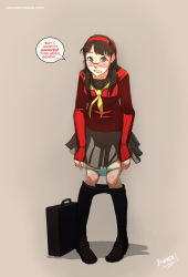 Rule 34 | 1girl, amagi yukiko, black hair, blush, clothes pull, embarrassed, glasses, hairband, highres, looking at viewer, panties, panty pull, pantyhose, pantyhose pull, persona, persona 4, school uniform, sinner! (sillygirl), solo, speech bubble, underwear, undressing