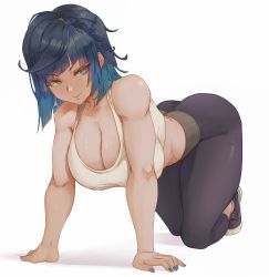Rule 34 | 1girl, all fours, alterlesott, ass, bent over, black pants, blue hair, breasts, cleavage, clothing cutout, crop top, earrings, genshin impact, green eyes, hanging breasts, highres, jewelry, large breasts, leggings, looking at viewer, muscular, muscular female, nail polish, navel cutout, pants, skin tight, solo, tank top, thick thighs, thighs, white background, yelan (genshin impact), yoga pants