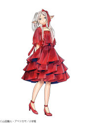 Rule 34 | 1girl, abe tsukasa, absurdres, alternate costume, aqua eyes, arms behind back, choker, dress, earrings, elf, expressionless, frieren, full body, hair ribbon, high heels, highres, jewelry, long hair, looking at viewer, official art, parted bangs, pointy ears, red choker, red dress, red footwear, red ribbon, ribbon, second-party source, shoes, short eyebrows, short sleeves, simple background, solo, sousou no frieren, standing, twintails, white background, white hair