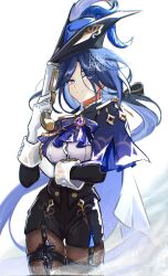Rule 34 | 1girl, ascot, black corset, blue ascot, blue cape, blue hair, blue headwear, breasts, cape, clorinde (genshin impact), closed mouth, commentary, corset, dangle earrings, dark blue hair, earrings, english commentary, epaulettes, fold-over gloves, genshin impact, gloves, gun, hat, hat feather, highres, holding, holding gun, holding weapon, iron sting (genshin impact), jewelry, large breasts, long hair, looking at viewer, low ponytail, musket, pantyhose, purple ascot, purple eyes, ryrmcher, shirt, simple background, tricorne, vision (genshin impact), weapon, white background, white gloves, white shirt
