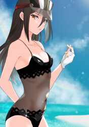 Rule 34 | 1girl, 2022, artist name, beach, black one-piece swimsuit, blue sky, breasts, brown eyes, brown hair, cleavage, closed mouth, cloud, cloudy sky, dated, finger heart, fingerless gloves, gloves, highres, long hair, looking at viewer, morag ladair (obligatory leave) (xenoblade), morag ladair (xenoblade), nayuta-kanata, one-piece swimsuit, outdoors, see-through swimsuit, signature, sky, small breasts, solo, swimsuit, visor cap, water, white gloves, xenoblade chronicles (series), xenoblade chronicles 2