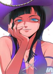 Rule 34 | 1girl, armlet, bad id, bad tumblr id, black hair, blue eyes, blunt bangs, close-up, cow hat, cross-laced clothes, cross-laced top, from below, hand on own cheek, hand on own face, hat, highres, looking at viewer, medium hair, mygiorni, nico robin, one piece, purple hat, purple shirt, shirt, simple background, sleeveless, sleeveless shirt, smile, solo, upper body, white background