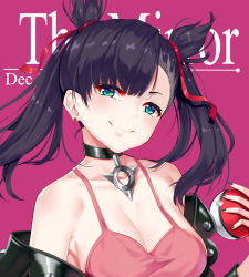 Rule 34 | 1girl, absurdres, alternate breast size, aoi (buzhuen444), aqua eyes, asymmetrical bangs, bare shoulders, black choker, black hair, black jacket, black nails, blush, breasts, choker, cleavage, closed mouth, collarbone, colored eyelashes, commentary request, creatures (company), dress, game freak, hair ribbon, head tilt, highres, holding, holding poke ball, jacket, large breasts, long sleeves, marnie (pokemon), nail polish, nintendo, off shoulder, open clothes, open jacket, pink background, pink dress, poke ball, poke ball (basic), pokemon, pokemon swsh, red ribbon, ribbon, smile, solo, text background, twintails, upper body