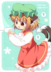 Rule 34 | 1girl, ?, animal ears, brown eyes, brown hair, cat ears, cat tail, chen, earrings, english text, fang, green hat, hat, jewelry, long sleeves, mob cap, multiple tails, nekomata, open mouth, pila-pela, short hair, single earring, solo, spoken question mark, string phone, tail, touhou, two tails