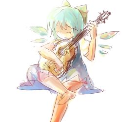 Rule 34 | 1girl, acoustic guitar, barefoot, blue dress, blue hair, cirno, dress, closed eyes, guitar, ice, ice wings, instrument, lowres, myomyo, playing instrument, short hair, sketch, solo, touhou, wings