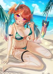 Rule 34 | 1girl, absurdres, alternate hairstyle, beach, bikini, blue sky, blurry, blurry foreground, blush, breasts, choker, cleavage, collarbone, commentary request, day, fingernails, floating hair, full body, gradient hair, green bikini, green choker, green hair, halterneck, hand up, head tilt, highres, hololive, hololive english, inari (ambercrown), large breasts, lens flare, long hair, looking at viewer, multicolored hair, nail polish, navel, ocean, orange bikini, orange hair, outdoors, palm leaf, parted lips, pink eyes, pink nails, planted, planted sword, planted weapon, sand, shadow, side-tie bikini bottom, sitting, sky, solo, stomach, strap lift, streaked hair, string bikini, sunlight, swimsuit, sword, takanashi kiara, takanashi kiara (casual), thigh strap, toenail polish, toenails, twintails, two-tone bikini, two-tone hair, very long hair, virtual youtuber, wariza, weapon, wet, wing hair ornament