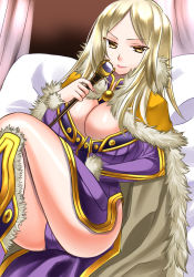 Rule 34 | 1girl, 74, blonde hair, breasts, brown cape, cape, cleavage, closed mouth, commentary request, dress, feet out of frame, fur-trimmed cape, fur trim, highres, holding, holding staff, large breasts, long hair, looking at viewer, on bed, parted bangs, purple dress, ragnarok online, short dress, sitting, smile, solo, staff, wizard (ragnarok online), yellow eyes