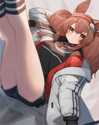 Rule 34 | 1girl, angelina (arknights), animal ears, arknights, breasts, brown hair, closed mouth, commentary, fox ears, fox girl, hairband, highres, infection monitor (arknights), jacket, legs, legs up, long sleeves, looking at viewer, medium breasts, moti yousei, red eyes, red hairband, short hair, solo, thighs, twintails, white jacket