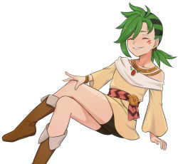 Rule 34 | 1boy, bike shorts, black hair, boots, bracelet, closed eyes, facial mark, green hair, grin, jewelry, crossed legs, magicfishtaco, mauro abelard, multicolored hair, off shoulder, shadowverse, shadowverse (anime), simple background, sitting, smile, solo, spiked hair, tunic, two-tone hair, white background