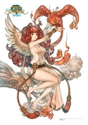 Rule 34 | 1girl, barefoot, bird, bird on hand, breasts, curly hair, feet, full body, gabiya, long hair, maggi, monster, official art, phoenix, red hair, revealing clothes, see-through, sideboob, simple background, sitting, smile, solo, talons, tassel, toes, tree of savior, very long hair, white background, wings