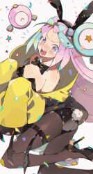 Rule 34 | 1girl, animal ears, bare shoulders, black leotard, blue hair, blush, bow, bow-shaped hair, bowtie, breasts, character hair ornament, cleavage, creatures (company), fake animal ears, game freak, gen 1 pokemon, hair ornament, high heels, highres, iono (pokemon), jacket, kawasaki (kwsk 8765), leotard, long hair, looking at viewer, magnemite, medium breasts, multicolored hair, nintendo, open mouth, oversized clothes, pink hair, playboy bunny, pokemon, pokemon sv, rabbit ears, rabbit tail, sharp teeth, sleeves past fingers, sleeves past wrists, solo, strapless, strapless leotard, tail, teeth, thighhighs, two-tone hair, yellow jacket