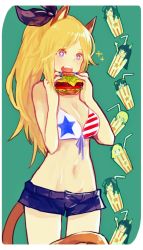 Rule 34 | 6+girls, american flag bikini, animal ears, bad id, bad pixiv id, bare shoulders, bikini, blonde hair, blue eyes, breasts, cleavage, flag print, freckles, hair ribbon, katharine ohare, long hair, multiple girls, navel, open mouth, ribbon, shirono kuma, solo focus, standing, strike witches, swimsuit, tail, world witches series
