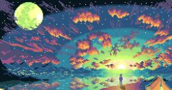 1boy absurdres black_sky blue_sky camping cloud cloudy_sky full_moon highres lake moon morning mountain mountainous_horizon night night_sky original pixel_art scenery shore sky solo space star_(sky) starry_sky sun sunlight sunrise tent tomoruka_mr water