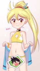 Rule 34 | 1girl, bikini, blonde hair, breasts, brown eyes, character name, closed mouth, collarbone, commentary request, cowboy shot, creatures (company), diamond cutout, eyelashes, game freak, gazing eye, hair ornament, highres, holding, holding towel, long hair, looking at viewer, navel, nintendo, pokemon, pokemon adventures, ponytail, raised eyebrows, red (pokemon), sparkle, split mouth, spoken character, swimsuit, towel, yellow (pokemon), yellow bikini