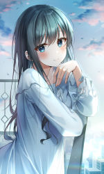 Rule 34 | 1girl, absurdres, balcony, bingyam, black hair, blue eyes, blush, building, cityscape, closed mouth, cloud, cloudy sky, collarbone, gloves, highres, long hair, looking at viewer, messy hair, morning, nightgown, outdoors, pajamas, railing, rainbow, ribbon, scenery, sky, smile, solo, twilight