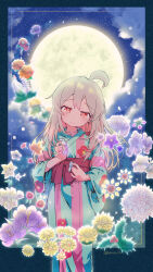 Rule 34 | 1girl, absurdres, ahoge, artist name, blue kimono, blush, bottle, closed mouth, cloud, cloudy sky, collarbone, colored inner hair, commentary request, dot nose, floral print, flower, grey hair, hair between eyes, half-closed eyes, hand up, highres, holding, holding bottle, japanese clothes, kimono, leaf, lips, long hair, long sleeves, looking at object, looking down, matado (almukha), moon, multicolored hair, night, night sky, obi, onii-chan wa oshimai!, orange flower, oyama mahiro, pink hair, print kimono, purple flower, red eyes, red flower, red sash, sash, sky, smile, solo, standing, star (sky), twitter username, white flower, wide sleeves, yellow flower