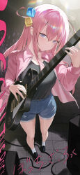 Rule 34 | 1girl, absurdres, bare legs, black c (net dust), black shirt, blush, bocchi the rock!, breasts, copyright name, cube hair ornament, cutoffs, denim, denim shorts, electric guitar, full body, gibson les paul, glowstick, gotoh hitori, guitar, hair ornament, highres, holding, holding instrument, instrument, jacket, looking at viewer, medium breasts, one side up, pink hair, pink jacket, shirt, shorts, solo, tile floor, tiles, track jacket