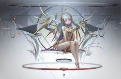 Rule 34 | 1girl, armlet, barefoot, breasts, bridal gauntlets, detached collar, halo, highres, long hair, looking at viewer, original, pale skin, red eyes, revealing clothes, sitting, small breasts, solo, wangchuan de quanyan, white hair, wings