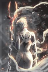 Rule 34 | 1girl, 2016, anato finnstark, arm at side, ass, ayanami rei, bandages, blurry, bodysuit, bracelet, cowboy shot, depth of field, from behind, holding, holding polearm, holding spear, holding weapon, jewelry, lance of longinus (evangelion), light, neon genesis evangelion, plugsuit, polearm, realistic, short hair, signature, silver hair, skin tight, solo, spear, standing, thigh gap, weapon, white bodysuit