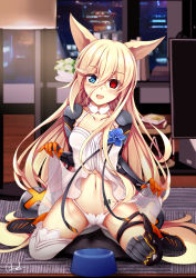 Rule 34 | 1girl, absurdres, animal ears, arm guards, armor, ass, asymmetrical legwear, barcode, barcode tattoo, blonde hair, blue eyes, blush, boots, bowl, bowlgroin, breasts, character name, chrisandita, cityscape, clothes lift, collarbone, dress, dress lift, fang, fox ears, g41 (girls&#039; frontline), girls&#039; frontline, gloves, hair between eyes, hair ornament, head tilt, heterochromia, highres, indoors, knee boots, kneeling, lifting own clothes, long hair, looking at viewer, navel, night, open clothes, open dress, open mouth, panties, pet bowl, red eyes, sidelocks, small breasts, smile, solo, stomach, symbol-shaped pupils, tattoo, thigh strap, thighhighs, thighs, twintails, underwear, uneven legwear, very long hair, white dress, white panties