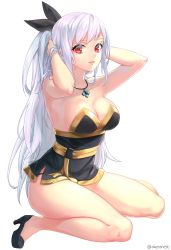 Rule 34 | 00s, 1girl, adjusting hair, aken, armpits, bare arms, bare legs, bare shoulders, black dress, black footwear, breasts, cleavage, dress, dungeon and fighter, female focus, female slayer (dungeon and fighter), full body, high heels, highres, jewelry, large breasts, legs, lips, long hair, looking at viewer, neck, necklace, parted lips, red eyes, revealing clothes, shoes, short dress, side slit, simple background, sitting, smile, solo, strapless, strapless dress, very long hair, wariza, white background, white hair