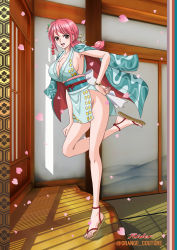 Rule 34 | 1girl, architecture, artist logo, bare legs, blue kimono, breasts, cleavage, dated, dress, east asian architecture, feet, flower, hair flower, hair ornament, highres, japanese clothes, kimono, legs, long hair, long legs, looking at viewer, no panties, obi, official alternate costume, one piece, one piece: treasure cruise, pink eyes, pink hair, ponytail, rebecca (one piece), rider (orange couture), sash, shadow, short dress, sidelocks, solo, standing, standing on one leg, teeth, toes, upper teeth only, wide hips, yellow sash