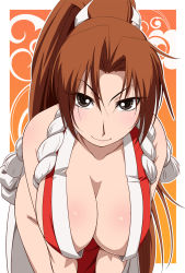Rule 34 | 1girl, bad id, bad pixiv id, bare shoulders, bent over, breasts, brown hair, cleavage, fatal fury, hanging breasts, hayashi custom, large breasts, long hair, ponytail, shiranui mai, side slit, simple background, snk, solo, the king of fighters, very long hair