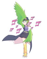 Rule 34 | 1girl, amelia (khimera), arm above head, armpits, artist name, bare legs, bike shorts, bird legs, blue eyes, chain, closed mouth, collarbone, cosplay, feathered wings, feathers, glasses, green hair, hair between eyes, harpy, hat, highres, jacket, jojo no kimyou na bouken, jojo pose, khimera destroy all monster girls, kuujou joutarou, kuujou joutarou (cosplay), looking at viewer, monster girl, short hair, skirt, sleeveless, solo, standing, stardust crusaders, twitter username, vibrantrida, white background, winged arms, wings