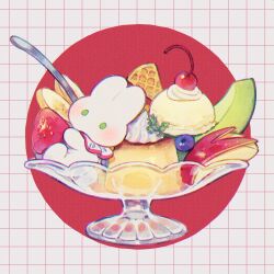 Rule 34 | apple, apple slice, banana, banana slice, blueberry, bowl, cherry, circle, conago, food, food focus, fruit, glass bowl, green eyes, grey background, grid background, ice cream, ice cream cone, light blush, no humans, original, pudding, rabbit, simple background, spoon, strawberry, waffle cone, whipped cream