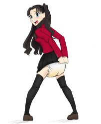 Rule 34 | 1girl, :o, artist request, ass, black hair, black skirt, black socks, black thighhighs, blue eyes, blush, brown footwear, clothes pull, diaper, fate (series), female focus, from behind, full body, hair intakes, highres, long sleeves, looking at viewer, looking back, open mouth, pee, pee stain, pleated, pleated skirt, pulling own clothes, red shirt, shirt, shoes, simple background, skirt, skirt pull, socks, solo, source request, stain, stained clothes, stained underwear, tagme, teeth, thighhighs, tohsaka rin, underwear, upper teeth only, wet diaper, white background, white diaper