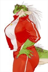 Rule 34 | 1girl, artist name, bebebe, breasts, claws, dinosaur teacher (bebebe), female focus, from side, furry, furry female, gym uniform, half-closed eyes, hand on own hip, huge breasts, jacket, lizard tail, no humans, open mouth, original, pants, red eyes, red jacket, red pants, scales, sharp teeth, shirt, signature, simple background, solo, standing, tail, teeth, thick thighs, thighs, tongue, track jacket, track pants, whistle, white background, white hair, white shirt