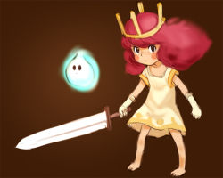 Rule 34 | 1girl, barefoot, blush stickers, brown background, child, child of light (game), crown, dress, e10, elbow gloves, freckles, gloves, igniculus, long hair, looking at viewer, pink hair, princess aurora, simple background, sword, weapon, wisp