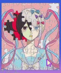 Rule 34 | ame-chan (needy girl overdose), black eyes, black hair, blonde hair, blue bow, blue eyes, blue hair, blue shirt, bow, chouzetsusaikawa tenshi-chan, closed mouth, cursor, hair bow, highres, liangword, long hair, looking at viewer, cursor, multicolored hair, needy girl overdose, open mouth, pink bow, pink hair, purple bow, puzzle, quad tails, sailor collar, school uniform, serafuku, shirt, smile, twintails, upper body, yellow bow