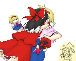 Rule 34 | 3girls, :x, alice margatroid, black hair, blonde hair, blue eyes, blush, bow, character doll, detached sleeves, female focus, frills, glomp, hair bow, hairband, hakurei reimu, hand puppet, hat, hug, japanese clothes, kirisame marisa, kiss, lysander z, miko, multiple girls, o o, puppet, short hair, strange and bright nature deity, surprised, teardrop, tears, touhou, witch, witch hat, yuri