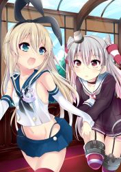 Rule 34 | 10s, 2girls, amatsukaze (kancolle), anchor, bad id, bad pixiv id, blonde hair, brown eyes, dress, elbow gloves, garter straps, gloves, hair ornament, hairband, haruta (806060), holding hands, kantai collection, long hair, multiple girls, open mouth, sailor dress, school uniform, serafuku, shimakaze (kancolle), short dress, silver hair, skirt, striped clothes, striped legwear, striped thighhighs, thighhighs, twintails, two side up, zettai ryouiki