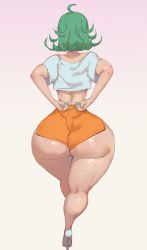 Rule 34 | 1girl, arms behind back, ass, short shorts, female focus, from behind, full body, green hair, green nails, high heels, highres, hooters, huge ass, looking away, nail polish, one-punch man, orange shorts, phat smash, shirt, shorts, solo, tatsumaki, thick thighs, thighs, white background, white shirt