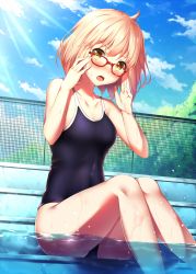 Rule 34 | 10s, 1girl, adjusting eyewear, ahoge, bare arms, bare legs, black one-piece swimsuit, blue sky, blush, breasts, cloud, collarbone, competition school swimsuit, covered navel, day, embarrassed, eyebrows, eyelashes, fence, fingernails, glasses, highres, kuriyama mirai, kyoukai no kanata, long fingernails, looking at viewer, medium breasts, one-piece swimsuit, open mouth, outdoors, partially submerged, pink hair, pool, red-framed eyewear, school swimsuit, shade, short hair, sitting, sitting on stairs, skin tight, sky, solo, stairs, sunlight, sweat, swimsuit, tree, water, wet, yellow eyes, yomono