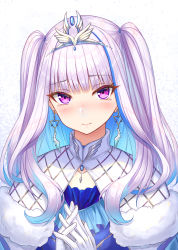 Rule 34 | 1girl, blue dress, blue hair, blunt bangs, blush, capelet, closed mouth, commentary request, dress, earrings, fur-trimmed capelet, fur trim, gloves, gohei (aoi yuugure), hands up, highres, interlocked fingers, jewelry, lize helesta, lize helesta (3rd costume), long hair, looking at viewer, multicolored hair, nijisanji, nose blush, purple eyes, purple hair, solo, tiara, two-tone hair, two side up, virtual youtuber, white capelet, white gloves