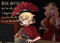 Rule 34 | 2girls, :d, armor, blonde hair, breastplate, breasts, centurii-chan, centurii-chan (artist), computer, english text, greco-roman clothes, hair over one eye, half-closed eye, headphones, highres, holding, holding weapon, holding whip, keyboard (computer), large breasts, legate (centurii-chan), long hair, looking at another, monitor, multiple girls, open mouth, orange eyes, original, robe, roman clothes, smile, teeth, upper teeth only, weapon