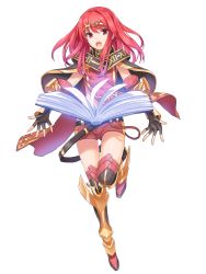 Rule 34 | 1girl, absurdres, armor, book, boots, cape, celica (fire emblem), circlet, fingerless gloves, fire emblem, fire emblem awakening, fire emblem gaiden, full body, gloves, greaves, highres, nintendo, official art, open mouth, red eyes, red hair, saitou masatsugu, shorts, solo, thigh boots, thighhighs, transparent background