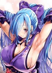 Rule 34 | .live, 1girl, absurdres, armpits, arms up, blue hair, bow, breasts, cleavage, closed mouth, collarbone, commentary request, detached collar, floral print, frills, gradient background, hair bow, hair over one eye, high ponytail, highres, japanese clothes, kimono, kimura neito, large breasts, lips, long hair, obi, ponytail, purple bow, red hair, sash, sidelocks, simple background, sleeveless, smile, solo, sweat, sweatdrop, upper body, virtual youtuber, yamato iori