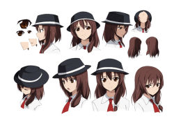 Rule 34 | 1girl, black hat, blush, bow, brown eyes, brown hair, character sheet, closed eyes, closed mouth, collared shirt, eyebrows, from above, from behind, from side, hair between eyes, hair bow, hat, karaori, looking at viewer, looking up, multiple views, necktie, neko (yanshoujie), open mouth, profile, red necktie, shirt, sidelocks, simple background, smile, the sealed esoteric history, touhou, unworn hat, unworn headwear, usami renko, white background, white bow, white shirt