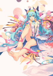 Rule 34 | 1girl, aqua eyes, aqua hair, artist name, atdan, bad id, bad pixiv id, barefoot, bug, butterfly, feet, flower, full body, hatsune miku, head wreath, highres, insect, long hair, looking at viewer, nail polish, open mouth, revision, sitting, soles, solo, toenail polish, toenails, toes, twintails, very long hair, vocaloid, wings