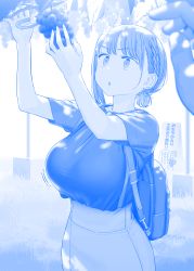 Rule 34 | 1girl, ai-chan (tawawa), backpack, bag, blouse, blue theme, braid, breasts, chestnut mouth, commentary request, cutting, dappled sunlight, emphasis lines, eyebrows hidden by hair, food, fruit, getsuyoubi no tawawa, grapes, grass, highres, himura kiseki, large breasts, scissors, shirt, short hair, skirt, solo, sunlight, suspender skirt, suspenders, translation request, tree