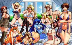 Rule 34 | 6+girls, all fours, arc system works, asmodeus (shinrabanshou), ass, bed, black panties, blazblue, blonde hair, blue eyes, blue hair, blue panties, blue skin, blue sky, bow, breasts, brown eyes, brown hair, butt crack, choker, cleavage, cloud, colored skin, creatures (company), crossover, cynthia (pokemon), day, dead or alive, elbow gloves, fatal fury, feet, female focus, game freak, gloves, hair over one eye, harem, hat, indoors, jadenkaiba, kasumi (doa), kneeling, large breasts, lingerie, long hair, lying, matching hair/eyes, minna-dietlinde wilcke, multiple girls, navel, negligee, ninja, nintendo, noel vermillion, panties, pointy ears, pokemon, ponytail, princess lover, purple eyes, queen&#039;s blade, red panties, sekirei, shinrabanshou, shiranui mai, sideboob, sigui (queen&#039;s blade), silvia van hossen, sitting, sky, smile, snk, standing, strike witches, tecmo, the king of fighters, thighhighs, thong, toes, touhou, tsukiumi, underboob, underwear, world witches series, yakumo yukari, yellow eyes