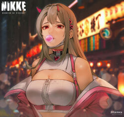 Rule 34 | 1girl, absurdres, bare shoulders, black collar, blurry, breasts, blowing bubbles, chest harness, chewing gum, choker, city, city lights, cleavage, clothes writing, collar, copyright name, crop top, depth of field, earrings, goddess of victory: nikke, hair intakes, harness, heart collar, highres, horns, jacket, jewelry, large breasts, light brown hair, long hair, looking at viewer, lufi ays, mask, mask pull, mole, mole under eye, mouth mask, night, nose, off shoulder, outdoors, pink horns, pink jacket, red eyes, sidelocks, single earring, solo, upper body, viper (nikke), zipper, zipper pull tab