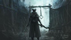 Rule 34 | 1other, ambiguous gender, artist name, bloodborne, brown coat, building, coat, copyright name, feet out of frame, gloves, gun, handgun, hat, highres, holding, holding gun, holding weapon, house, hunter (bloodborne), outdoors, saw, saw cleaver, solo, tricorne, tripdancer, weapon
