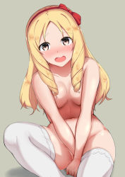 Rule 34 | 10s, 1girl, blonde hair, blush, bow, breasts, brown eyes, collarbone, drill hair, eromanga sensei, female focus, hair bow, hairband, highres, long hair, looking at viewer, medium breasts, navel, nude, open mouth, parisnoko, pussy juice, red bow, simple background, sitting, solo, tears, thighhighs, twin drills, yamada elf